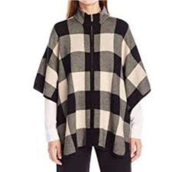 Rafaella Black and Creme Plaid Sweater Poncho Full Zipper Size XL NWOT - Picture 3 of 8